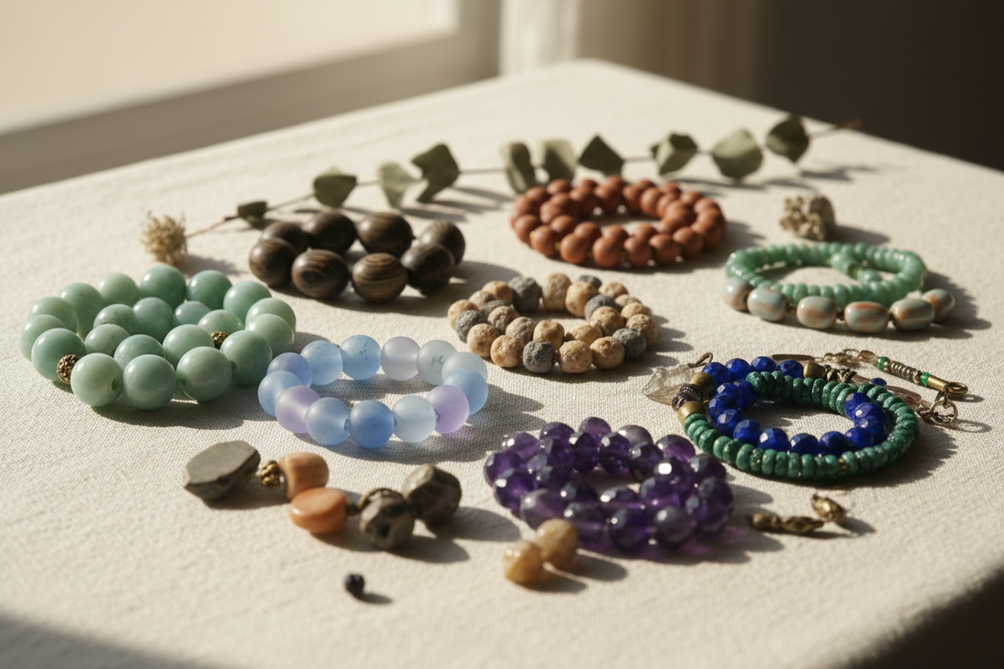 A curated arrangement of beads in harmonious color palettes, styled like a designer mood board with soft lighting and balanced tones.