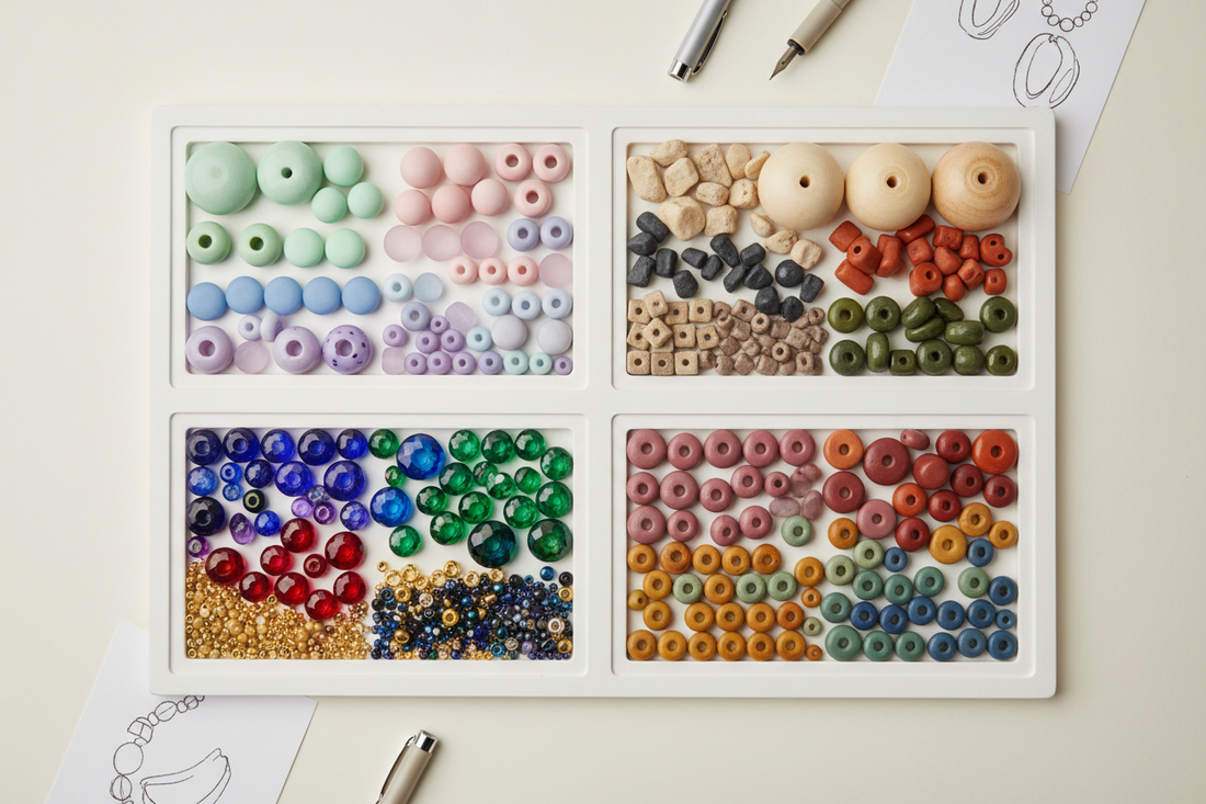 A curated color palette of beads arranged like a design board, showing harmonious tones and combinations in a visually balanced composition.