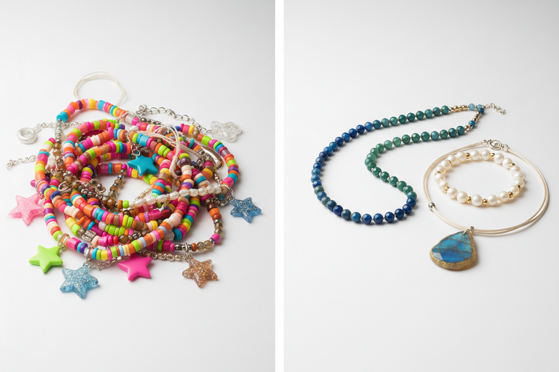 A visual comparison of cluttered versus minimal beaded jewelry, highlighting the difference between cheap and premium design styles.