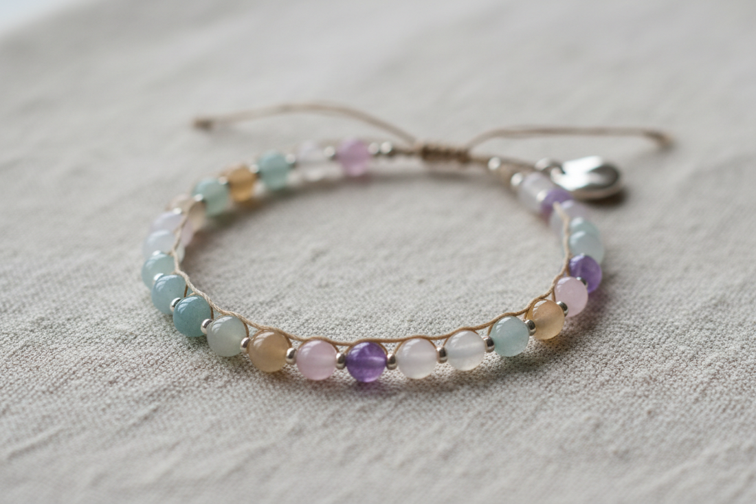 Handmade minimalist bead bracelet close-up.