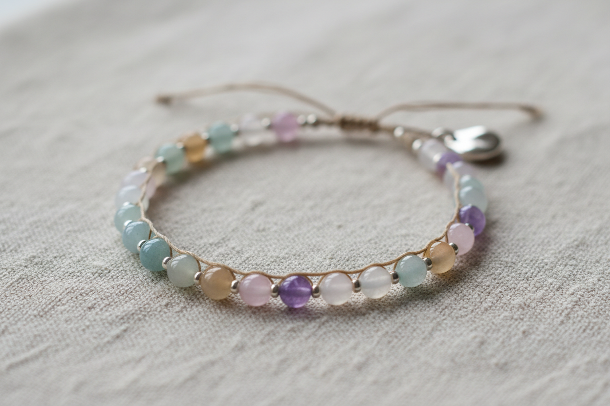 Handmade minimalist bead bracelet close-up.