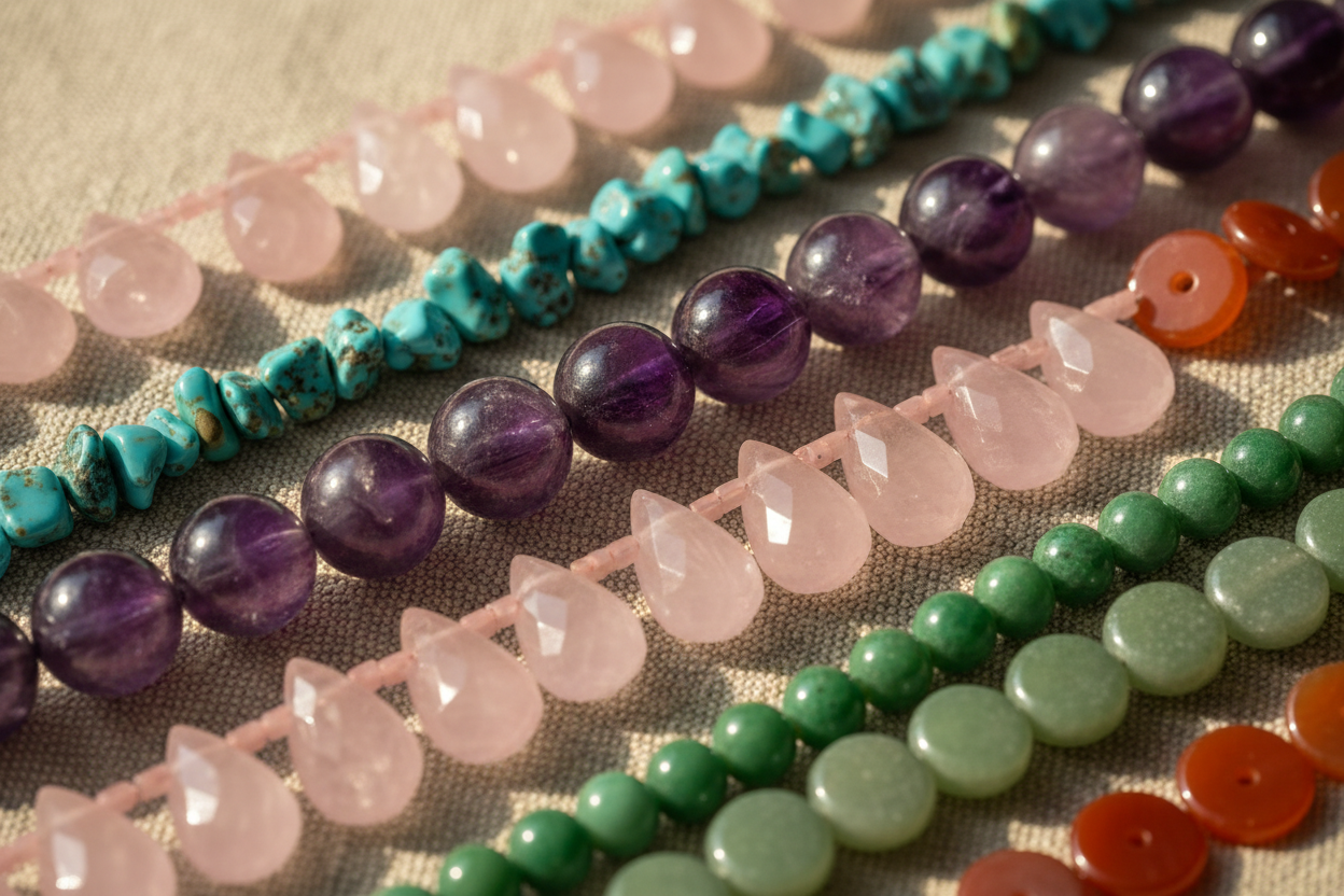 Assorted gemstone beads on linen background for jewelry design.