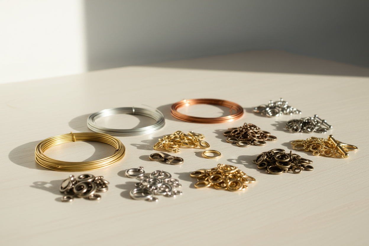 Jewelry wire and findings arranged for beginner jewelry makers.