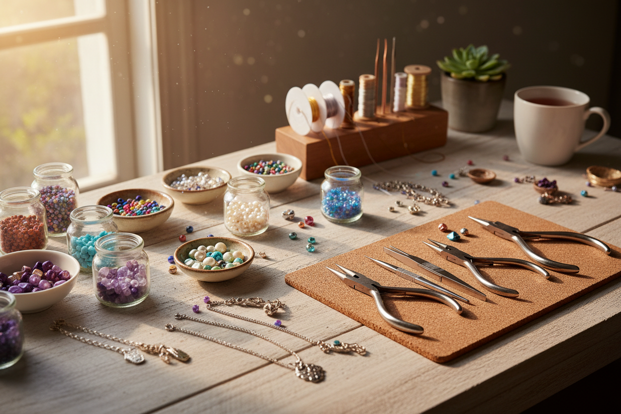 Slow craft jewelry workspace with warm lighting.