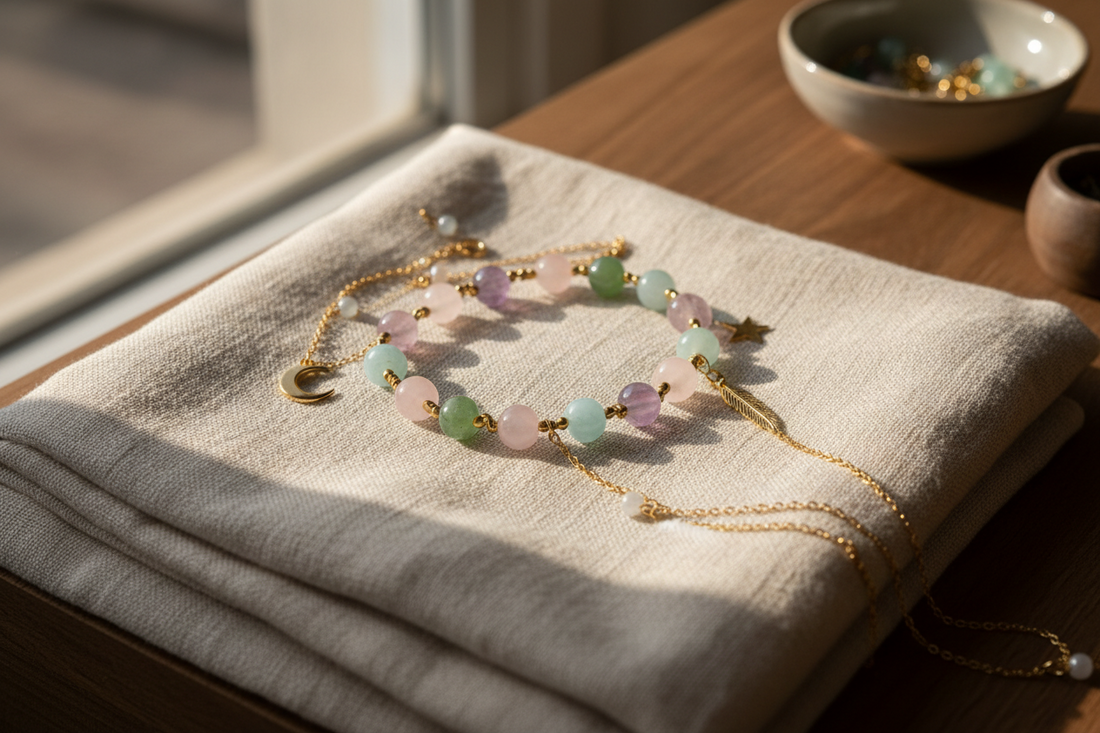 Elegant arrangement of natural gemstone beads, gold-tone charms, and delicate jewelry chains displayed on soft linen fabric, warm natural daylight highlighting textures, neutral earthy color palette, minimal composition, refined craft studio aesthetic.