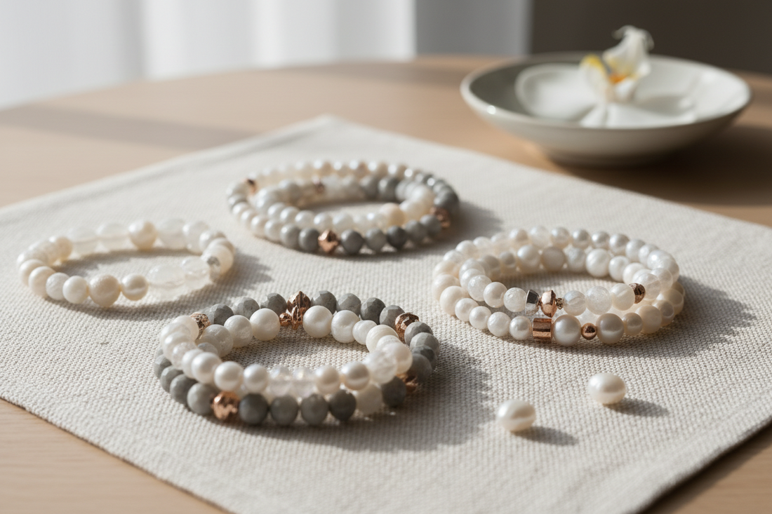Elegant arrangement of premium beads with soft natural lighting, neutral tones, and a clean high-end aesthetic