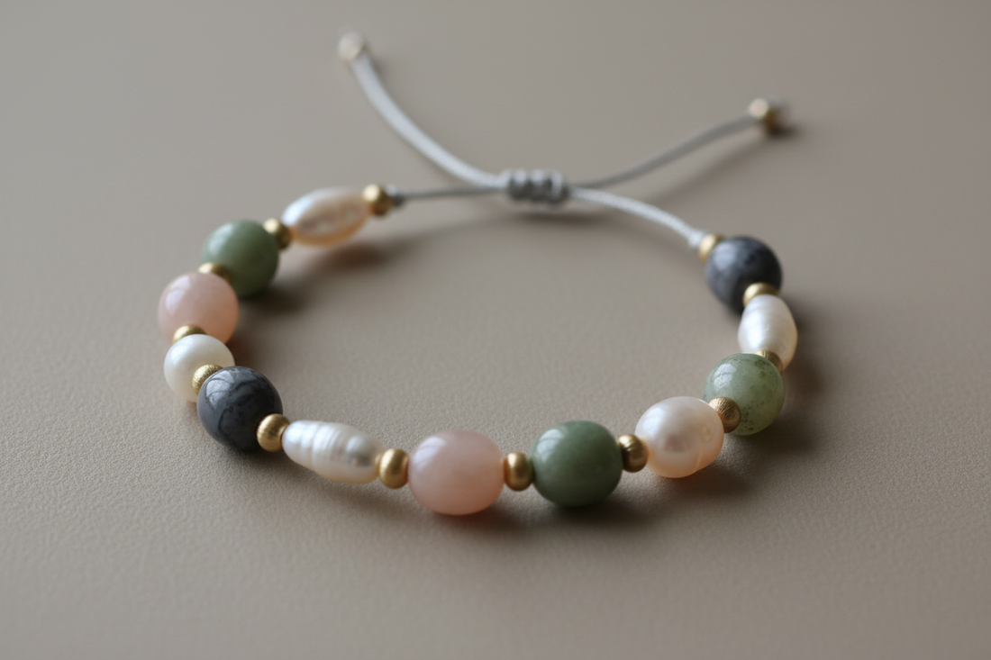 Elegant handmade bracelet with unique bead combination, soft lighting, neutral background, and refined minimal aesthetic