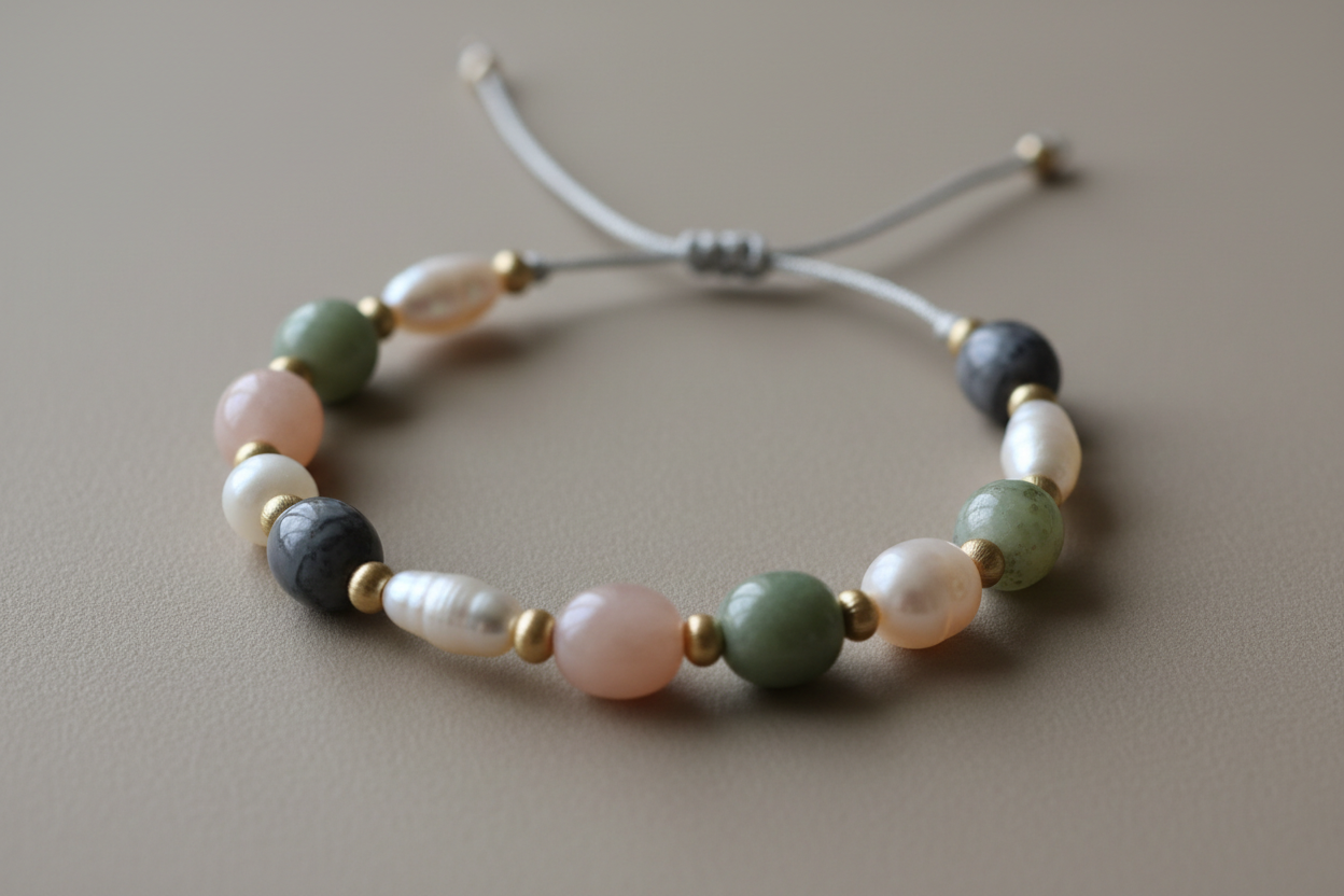 Elegant handmade bracelet with unique bead combination, soft lighting, neutral background, and refined minimal aesthetic