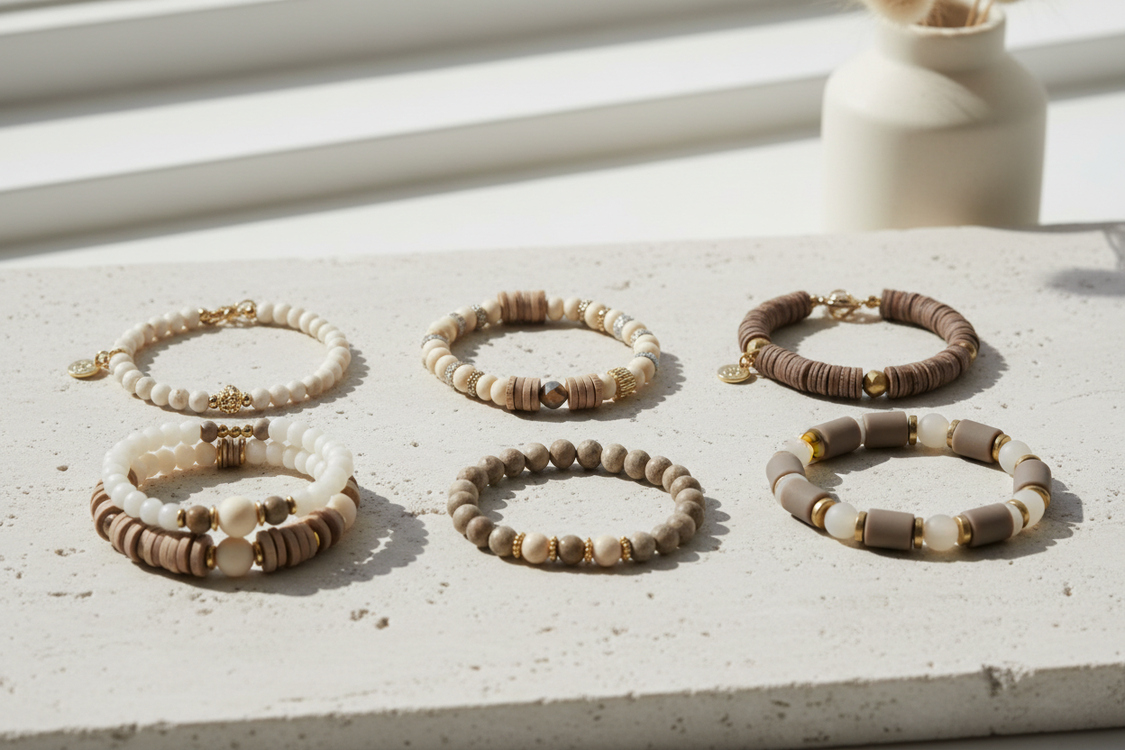 Minimal and stylish beaded bracelet designs in soft natural tones, arranged neatly with a premium and modern aesthetic.