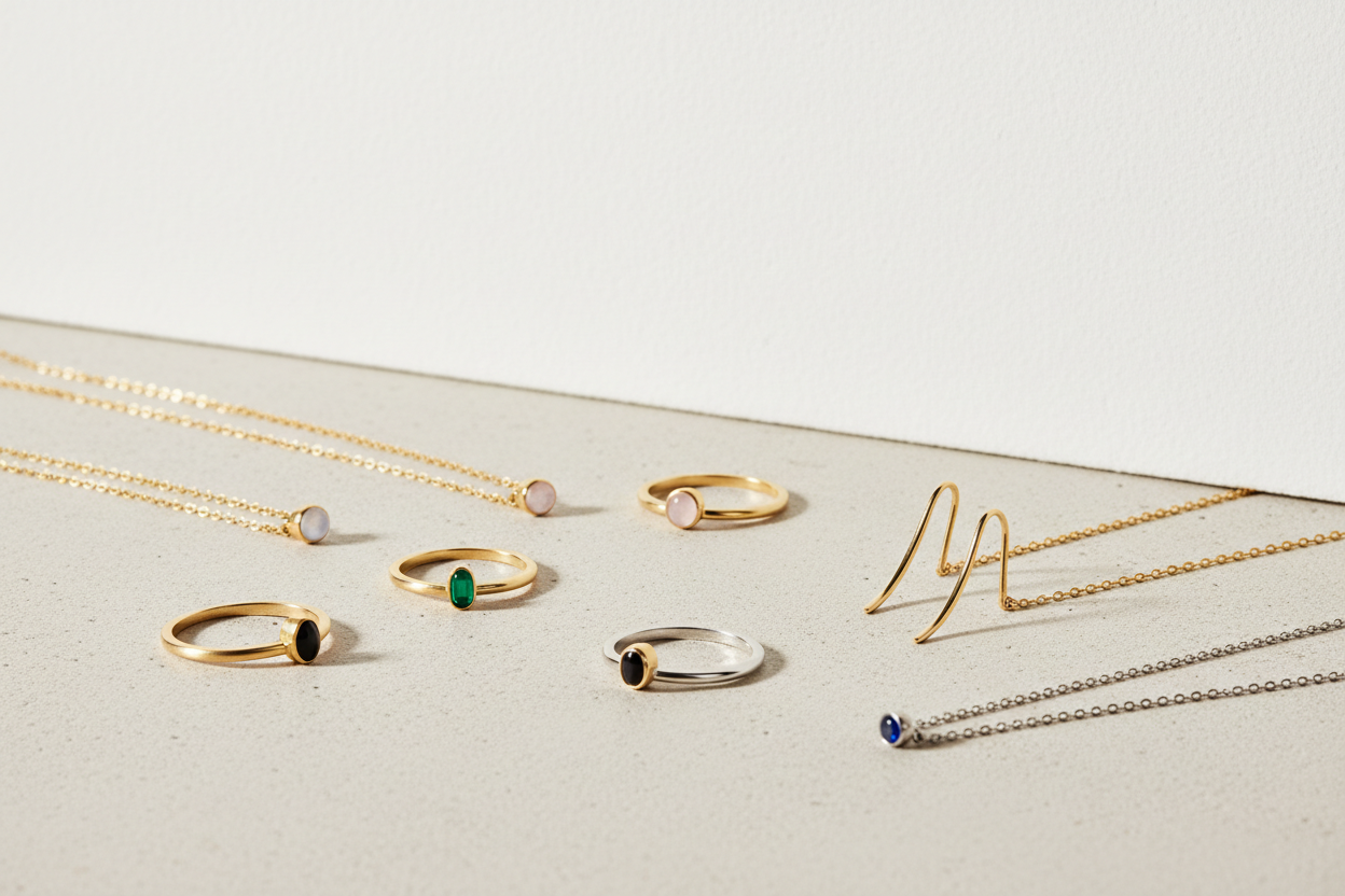 Minimal jewelry made with durable materials like gold, silver, and gemstones, styled in a clean editorial setting.