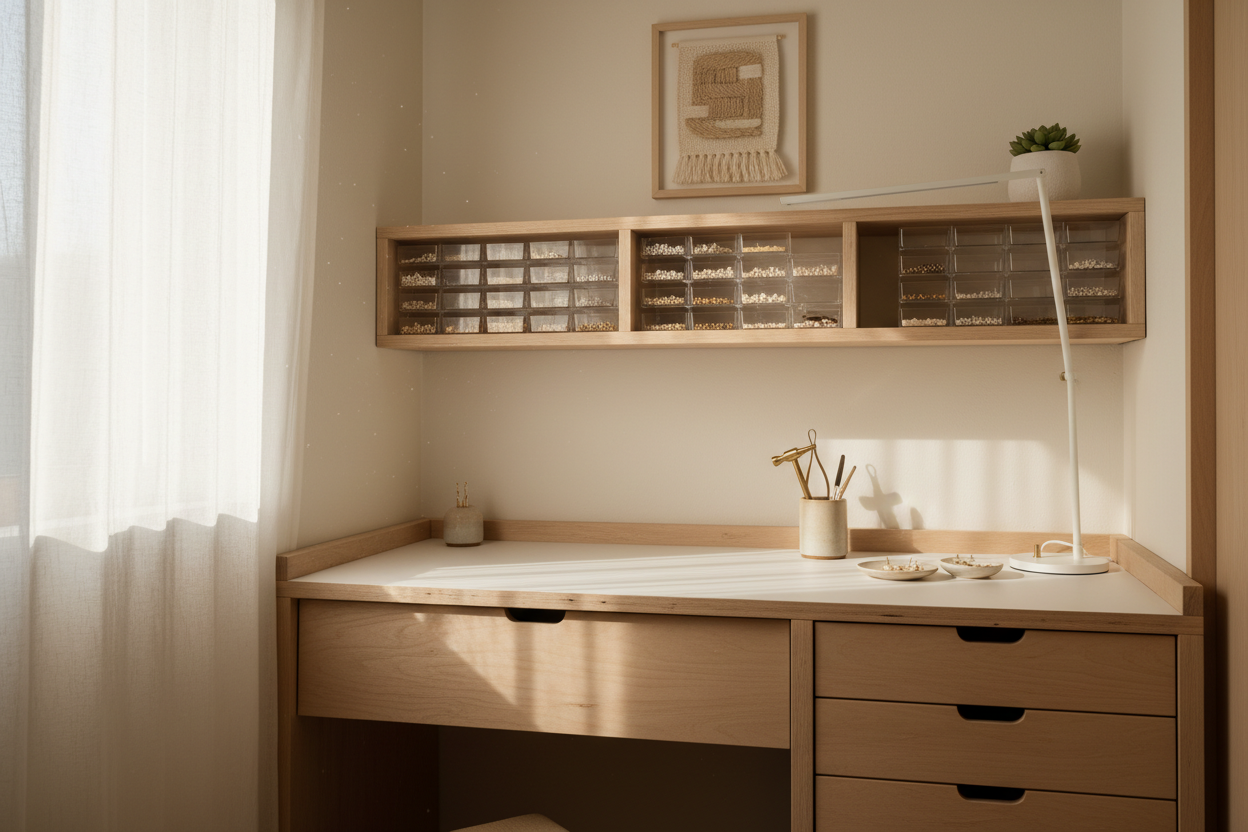 Minimal jewelry workspace in a small space with neutral tones, clean organization, and soft natural lighting.