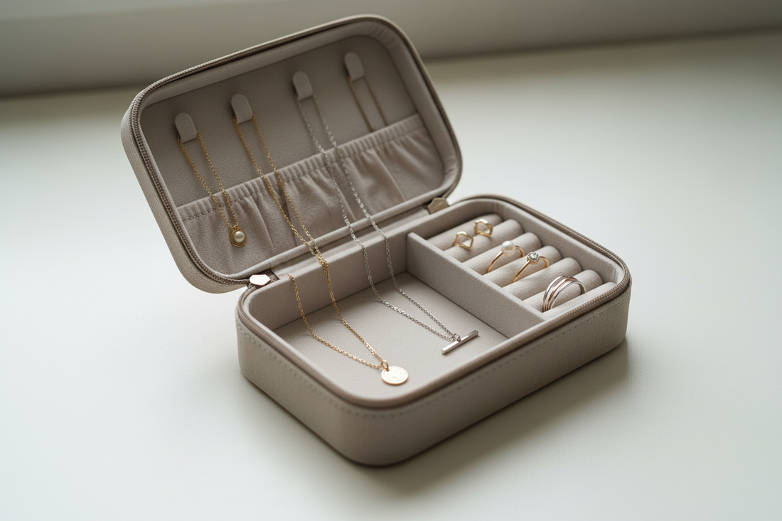 Minimal travel jewelry set with a compact organizer and neutral-toned pieces in a clean editorial style.