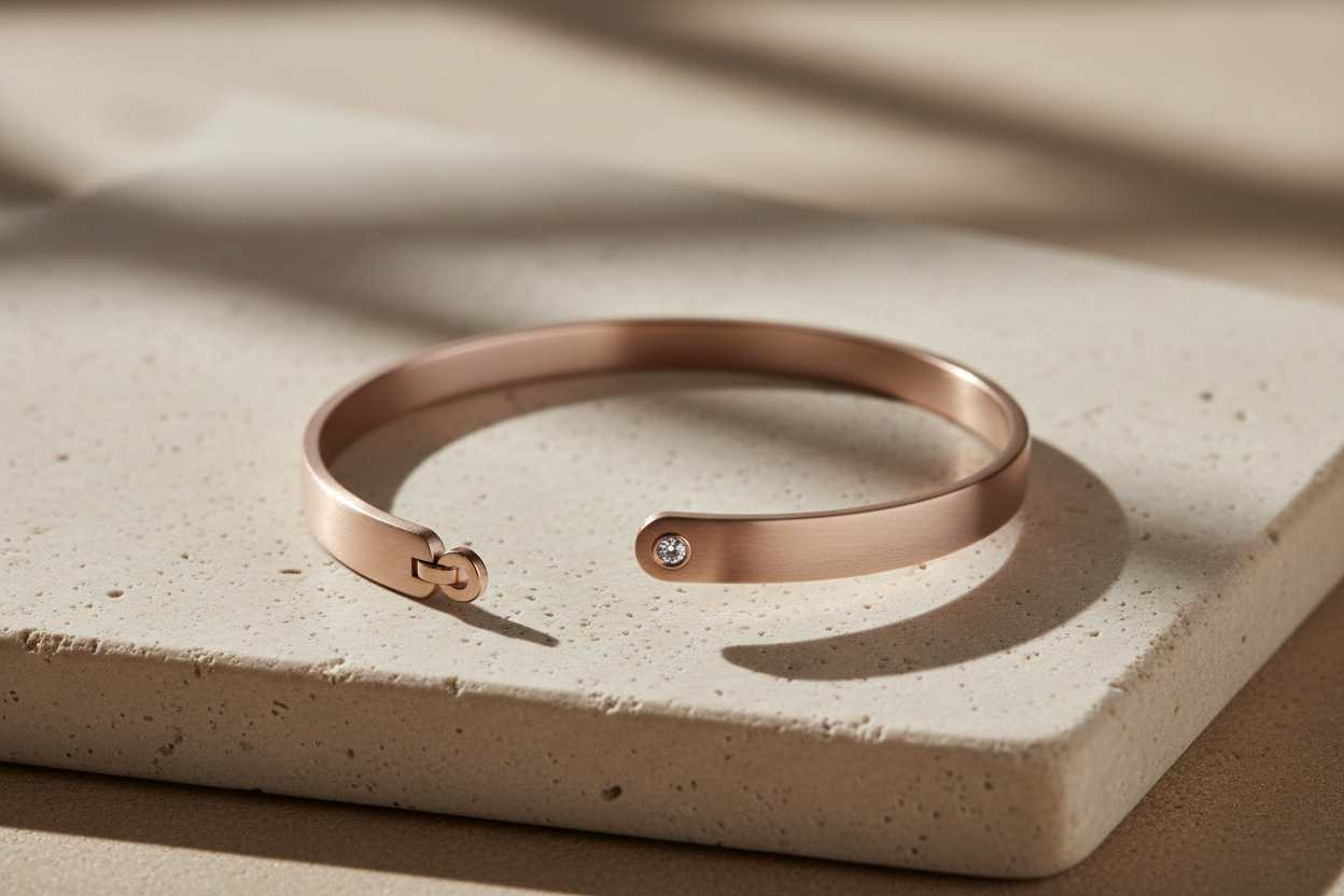 Minimalist bracelet with clean alignment and soft natural lighting, highlighting subtle details and refined craftsmanship