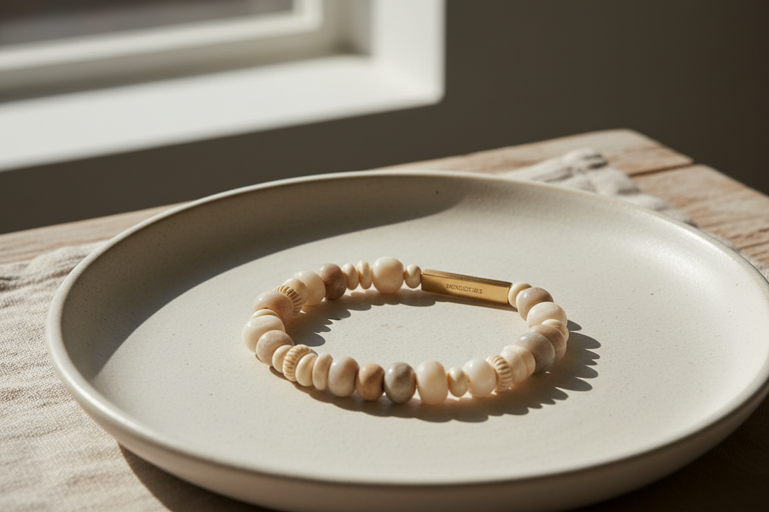 Minimalist bracelet with neutral tones and soft natural lighting, clean spacing, and a calm high-end aesthetic