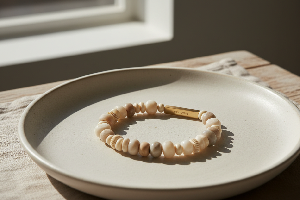 Minimalist bracelet with neutral tones and soft natural lighting, clean spacing, and a calm high-end aesthetic