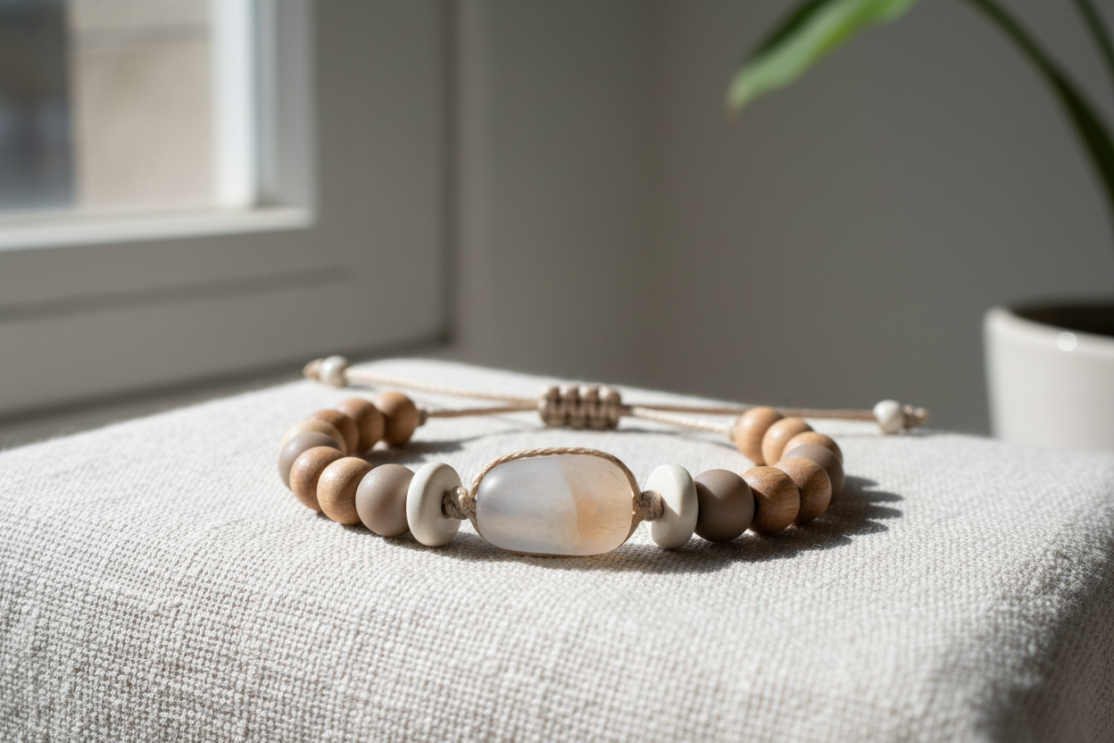 Minimalist bracelet with soft neutral tones, a single focal bead, clean composition, and natural lighting highlighting texture and simplicity