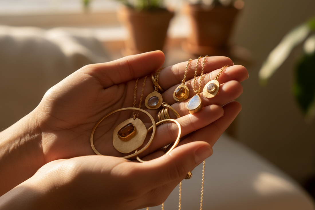  person holding a few jewelry pieces together, all sharing a similar tone and aesthetic, warm natural lighting, soft background blur, lifestyle jewelry shot
