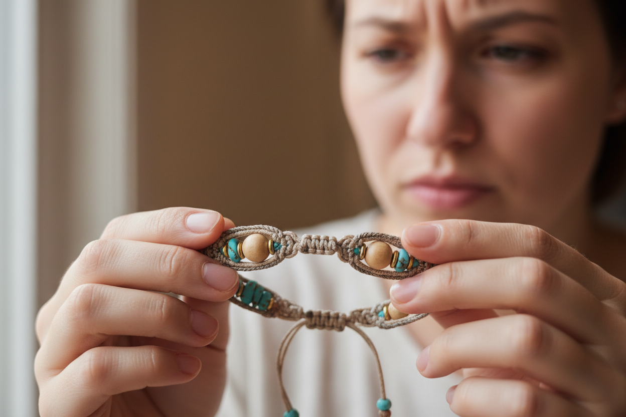 Person holding a handmade bracelet and examining it closely, soft lighting, neutral tones, thoughtful and slightly uncertain mood