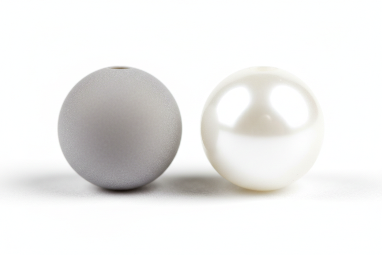 Side-by-side comparison of two bead types with subtle differences in texture and shine, soft lighting, clean minimal layout