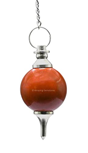 Amazing Gemstone Red Jasper Crystal Ball Pendulum for Divination - Dowsing Pendulum Necklace with Chain and Quartz Bead for Reiki Healing and Crystal Grid Meditation - color: Red Jasper