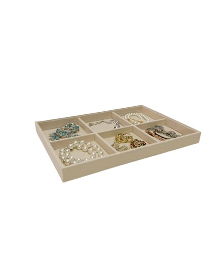 Beige Jewelry Organizer Tray 6 Compartment, Stackable Display Tray for Necklaces Bracelets Brooches Watches, Removable Dividers, Pebble Texture Finish, Drawer Insert Home Retail Trade Show - color: 6 Grid Jewelry Tray
