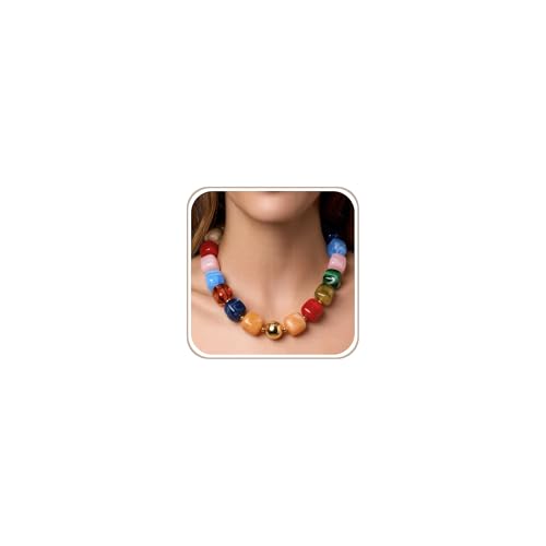 Chunky Necklaces for Women, Trendy Colorful Square Acrylic Resin Beads Statement Choker Necklace, Lightweight Boho Summer Beach Vacation Jewelry - color: Mixed color