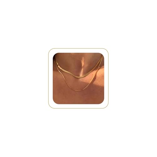 Tewiky Layered Necklaces for Women Non Tarnish- Chunky 14k Gold Plated Herringbone/Snake/Rope/Box/Cuban Link Chain for Women Waterproof Layering Stack Choker Necklace Trendy Dainty Tarnish Free Jewelry Set - color: Layered Herringbone Gold