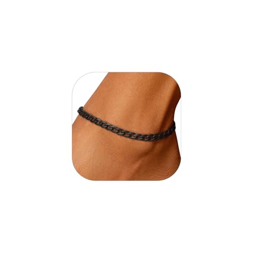 U7 Women Girls Barefoot Jewelry 18K Gold or Rose Gold Stainless Steel Heart/Rope/Figaro/Cuban Chain Anklet Foot Bracelet, 25-30 CM Long - color: Black-5mm-Figaro Chain