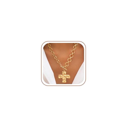 CHESKY 14K Gold Plated Chunky Necklace for Women, Trendy Paperclip Chain Necklace Thick Cross Heart Pendant Necklace Layered Herringbone Cuban Link Chain Toggle Necklaces Non Tarnish Jewelry - color: gold, style: cross