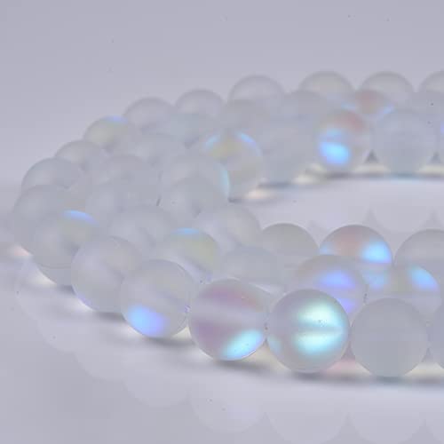 48PCS 8mm Natural Mystic Aura Quartz Gemstone Frosted Matte Titanium Opalite White Rainbow Round Loose Beads 15 inch Full Strand - color: White Mystic Aura, size: 8mm