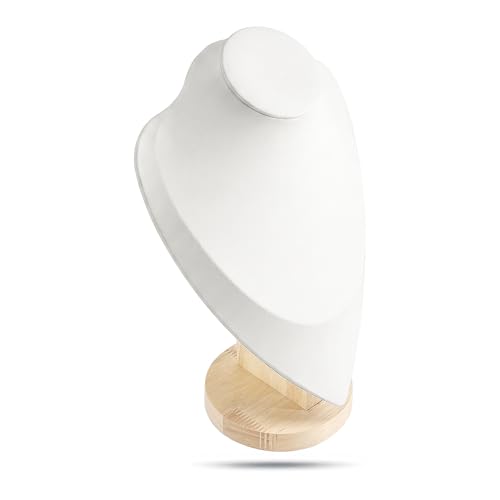 11.5" Solid Oak Jewelry Necklace Bust Display Stand for Vendors - White Faux Leather - Wooden Mannequin Chain Holder - Large - color: White, size: 11.5" Tall, style: Light Oak
