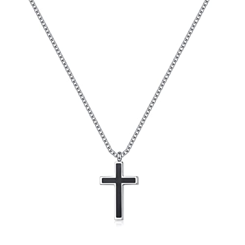 REVEMCN Black Gold Silver Cross Necklace for Boys Stainless Steel Mens Cross Pendant Chain Necklace for Men Women Religious Jewelry Gifts for Boys Girls Chain 16-24 Inches - color: Black - 0.8'' × 0.5'' cross pendant, size: 22 inches