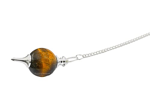 Amazing Gemstone Tiger Eye Crystal Ball Pendulum for Divination - Dowsing Pendulum Necklace with Chain and Quartz Bead for Reiki Healing and Crystal Grid Meditation - color: Tiger Eye