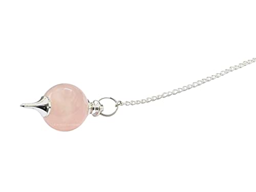 Amazing Gemstone Rose Quartz Crystal Ball Pendulum Necklace - Dowsing Pendulum with Chain and Quartz Bead for Reiki Healing and Meditation - color: Rose Quartz