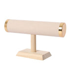 Jewelry Display Stand for Bracelet Bangle Watch, T Bar Jewelry Holder with Velvet Covered Bar and Wood Base for Countertop Organizer and Display - color: Round Suede Beige