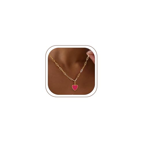 Freekiss Gold Pendant Necklace for Women, Dainty Diamond Necklaces for Women Simple 14K Gold Plated Paperclip Choker Necklaces Cute Minimalist Open Oval Necklaces Gold Jewelry for Women Gifts - color: Gold, style: Hot Pink Heart