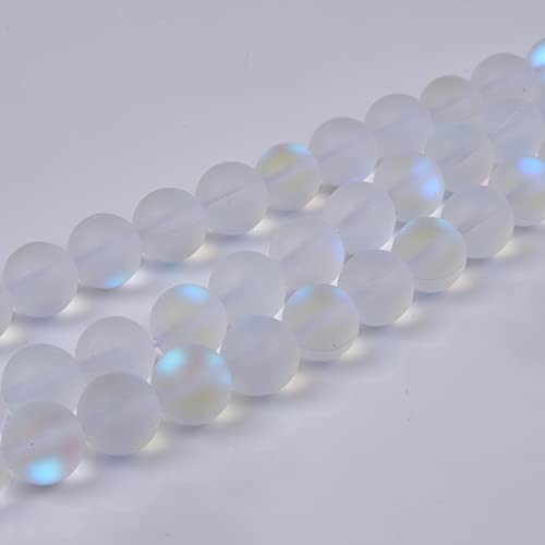 48PCS 8mm Natural Mystic Aura Quartz Gemstone Frosted Matte Titanium Opalite White Rainbow Round Loose Beads 15 inch Full Strand - color: White Mystic Aura, size: 8mm