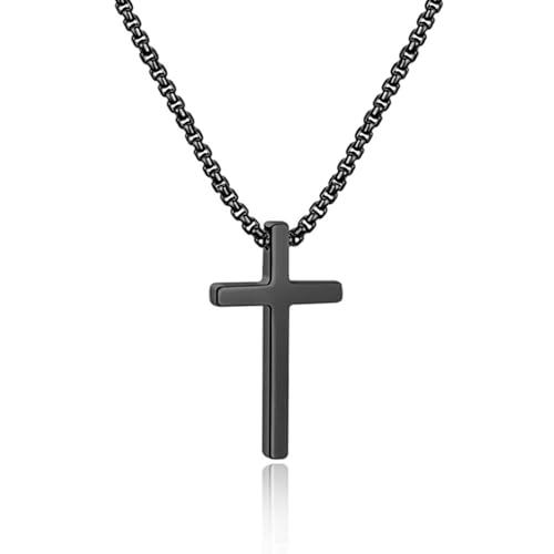 IEFSHINY Gifts for Men Boys - Stainless Steel Cross Pendant Chain Necklaces for Men, Mens 16-30 Inches Chain Gold Silver Black Cross Necklace Boys Jewelry Gifts - size: 22, style: Black-cross pedant 0.7"*1.18"