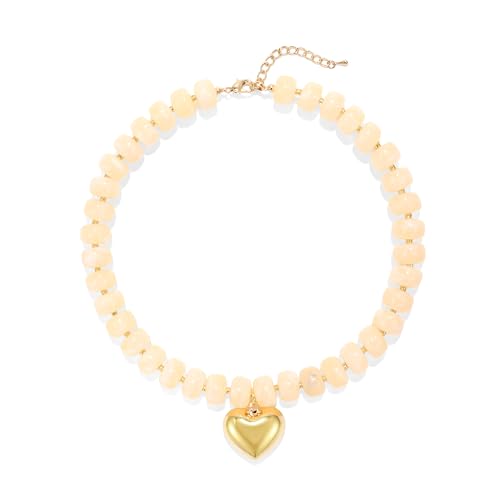 Chunky Heart Necklace for Women, Colorful Acrylic Beaded Statement Puff Heart Necklace, Cute Boho Y2K Choker Necklace for Gift Jewelry - color: Khaki-Color