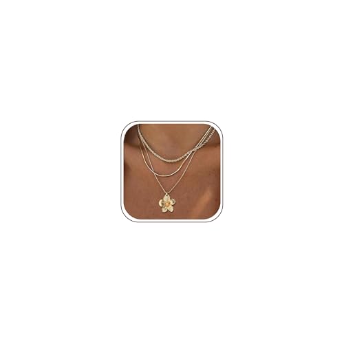 Gold Layered Necklaces for Women, 14K Gold Plated Dainty Gold Chain Choker Necklace Stack, Herringbone Gold Necklaces Set - color: gold-3-Flower