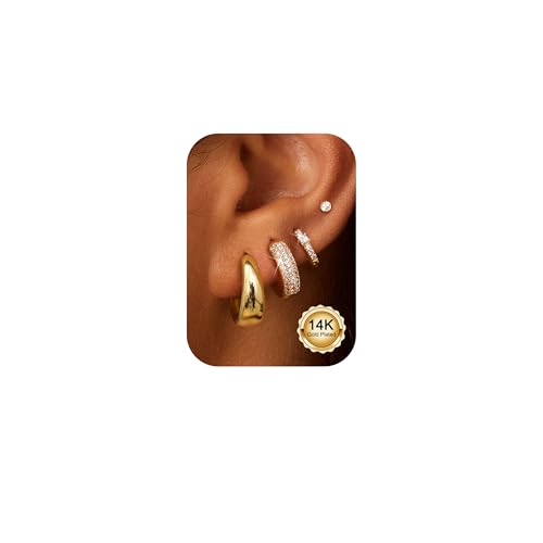 ORAZIO Small Gold Hoop Earrings for Women Hypoallergenic 14K Gold Plated Chunky Huggie Earring Sets for Multiple Piercing Dainty Earing Stacks Set Cute Silver Cartilage Jewelry Trendy Gifts - style: 14K Gold Plated-Chunky Classic