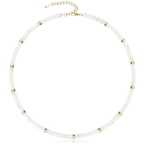 AGOT Beaded Gemstone Necklace for Women: Boho Bead Choker Natural Stone Necklaces - Handmade Jewelry for Summer Beach - color: White