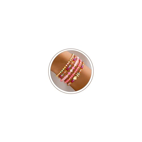 Turandoss Mothers Day Gifts for Daughter Teen Girls Kids - 5PCS 14K Gold Plated Dainty Beaded Bracelet Set Stack, Colorful Letter Charm Stretch Bracelets Beads Ball for Teen Daughter Jewelry Gifts - color: H