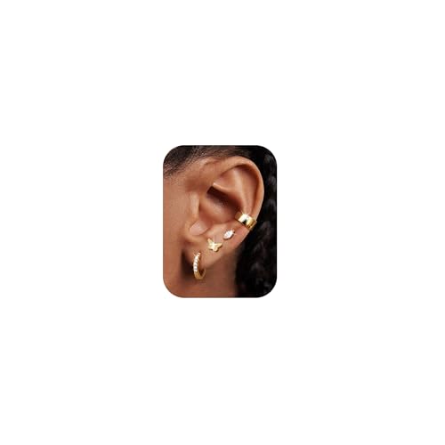 ORAZIO Small Gold Hoop Earrings for Women Hypoallergenic 14K Gold Plated Chunky Huggie Earring Sets for Multiple Piercing Dainty Earing Stacks Set Cute Silver Cartilage Jewelry Trendy Gifts - style: 14K Gold Plated-Butterfly