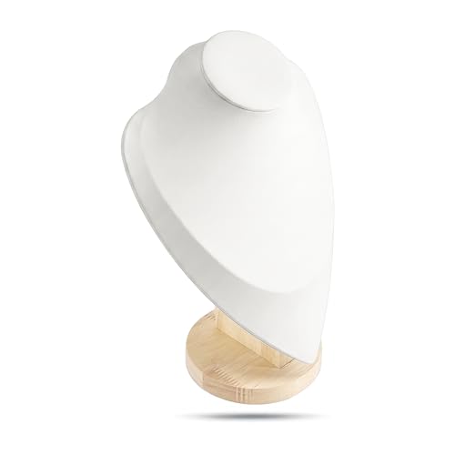 9.5" Solid Oak Jewelry Necklace Bust Display Stand for Vendors - White Faux Leather - Wooden Mannequin Chain Holder - Medium - color: White, size: 9.5" Tall, style: Light Oak