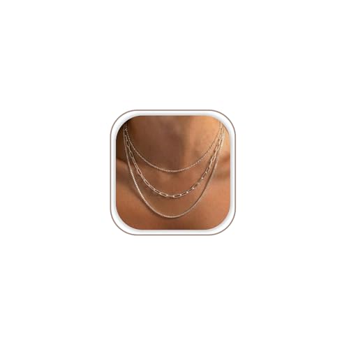 Freekiss Women's Layered Necklace Set - 3 Piece Dainty Gold Jewelry for Everyday Stacking | 14K Gold Plated Snake Chain, Rope Chain, Cuban Chain | Adjustable Length 14-18.5 Inch | Gift Ready - color: Silver, style: Paperclip+O Chain+Box Chain