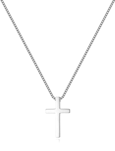 REVEMCN Black Gold Silver Cross Necklace for Boys Stainless Steel Mens Cross Pendant Chain Necklace for Men Women Religious Jewelry Gifts for Boys Girls Chain 16-24 Inches - color: Silver - 0.8'' × 0.5'' cross pendant, size: 16 inches