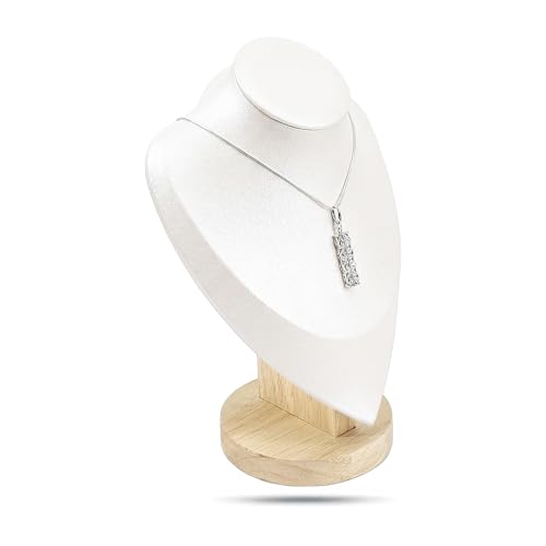 9.5" Solid Oak Jewelry Necklace Bust Display Stand for Vendors - Beige Microfiber - Wooden Mannequin Chain Holder - Medium - color: Beige, size: 9.5" Tall, style: Light Oak