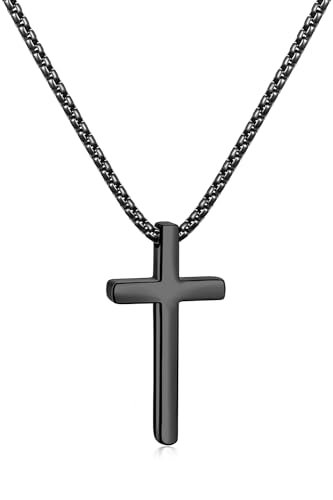Fiusem Cross Necklace for Men, Silver/Gold/Black Mens Cross Necklaces with 2.5mm Cross Chain and Stainless Steel Cross Pendant, Box Chain 16-24 Inch, Jewelry Gift - size: 16.0 Inches, style: Small Black cross: 1.2" * 0.7"