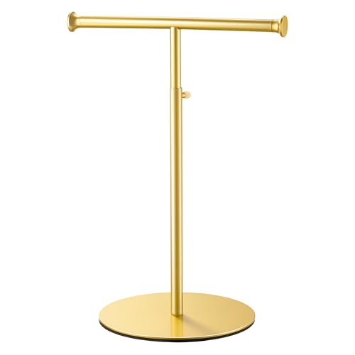 niffgaff T Bar Purse Display Stand Tabletop: Adjustable Height Handbag Holder, Countertop Hanging Rack for Long Necklace Scarf Lanyard, Gold - color: Gold